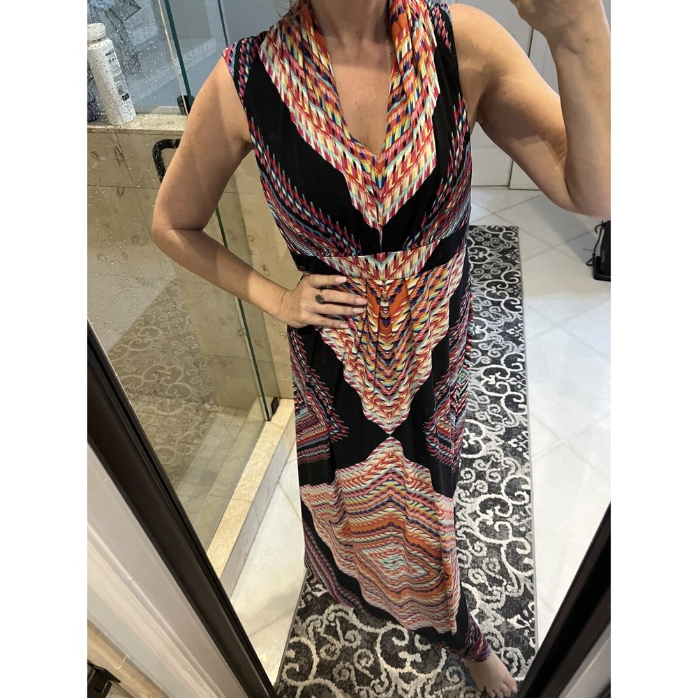 Chicos Womens 2 Jersey Pink Blue Geometric Stretch Casual Maxi Dress L